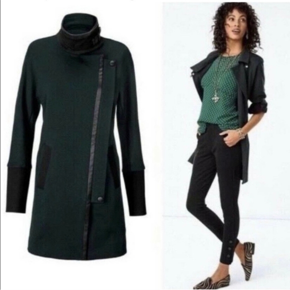 CAbi Green and Black Leather Trim Renaissance Asymmetrical Zip Pea Coat Size XS - Picture 1 of 10
